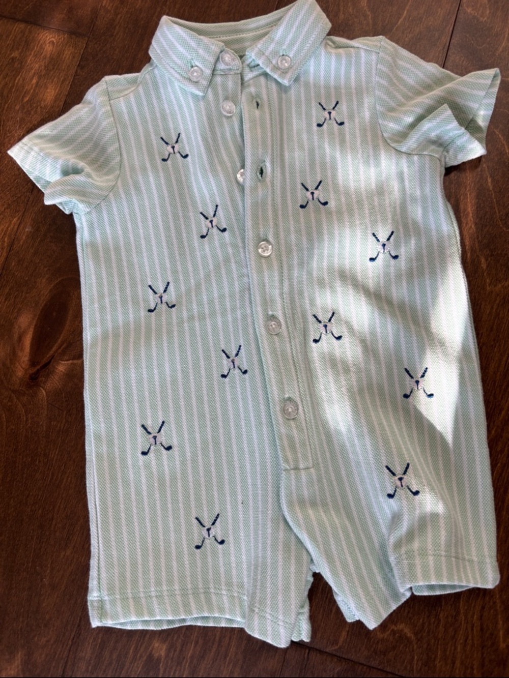 Little Me Mint & White Striped Button-Front Romper with Navy Golf Motifs